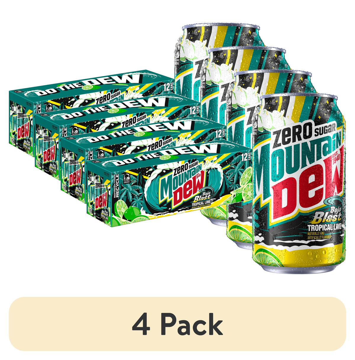 (4 pack) Mountain Dew Zero Sugar Baja Blast Tropical Lime Soda Pop, 12 fl oz, 12 Pack Cans