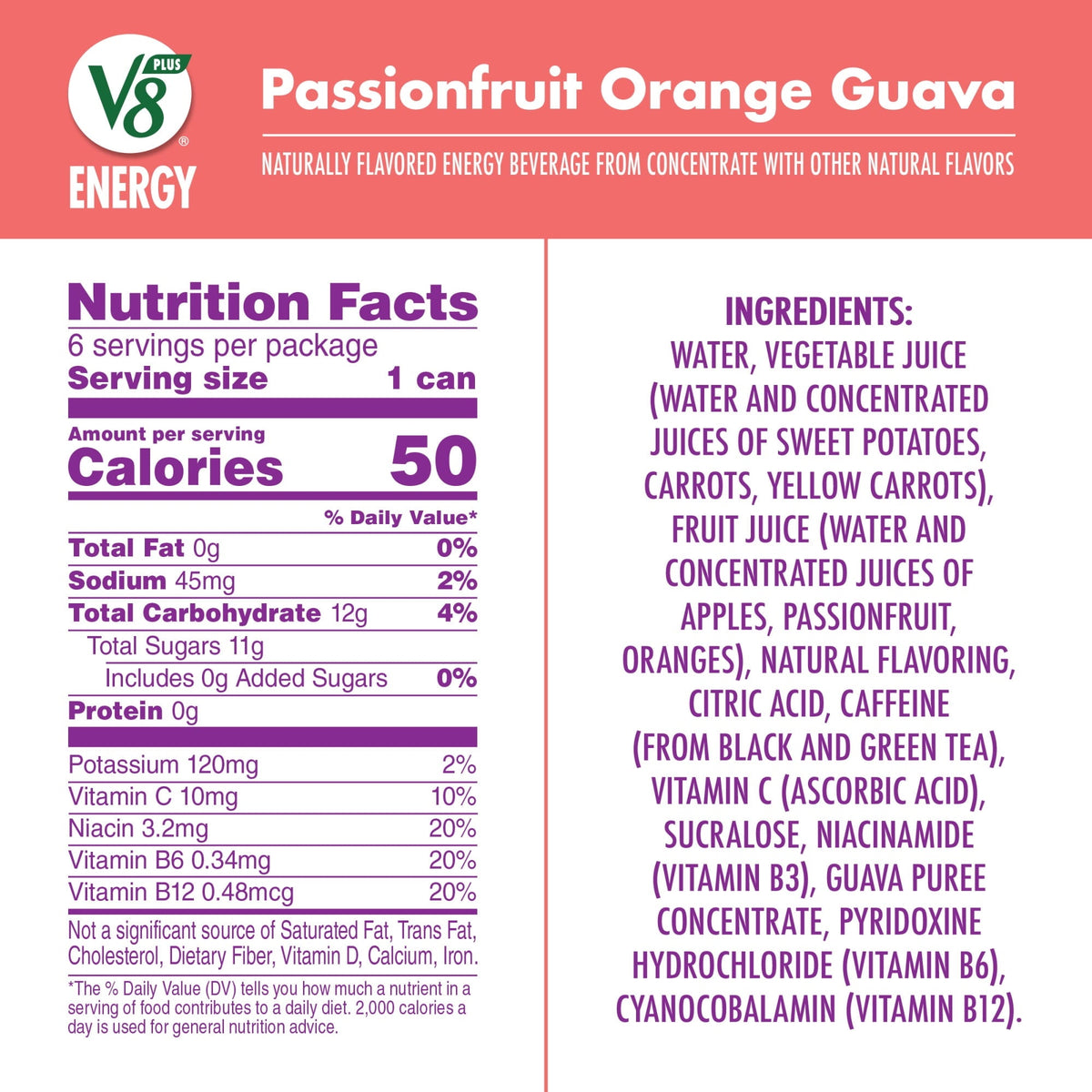 (4 pack) V8 +Energy Passionfruit Orange Guava Juice Energy Drink, 8 fl oz (24 Pack)