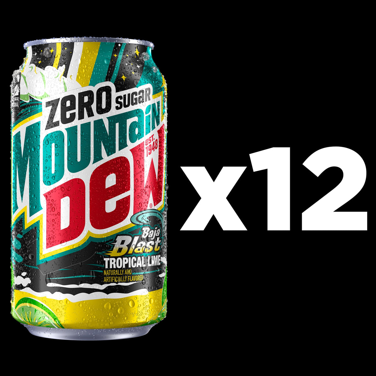 (4 pack) Mountain Dew Zero Sugar Baja Blast Tropical Lime Soda Pop, 12 fl oz, 12 Pack Cans