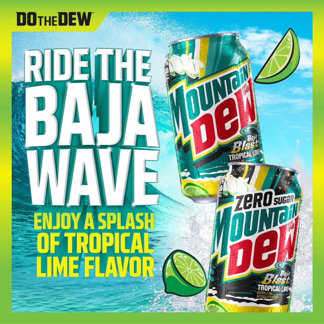 (4 pack) Mountain Dew Zero Sugar Baja Blast Tropical Lime Soda Pop, 12 fl oz, 12 Pack Cans